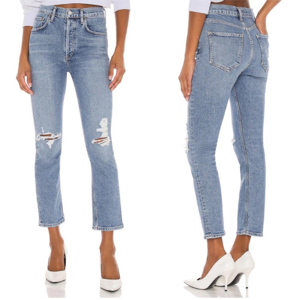 AGOLDE Riley High Rise Straight Crop Distressed
Ripped Knee Jeans